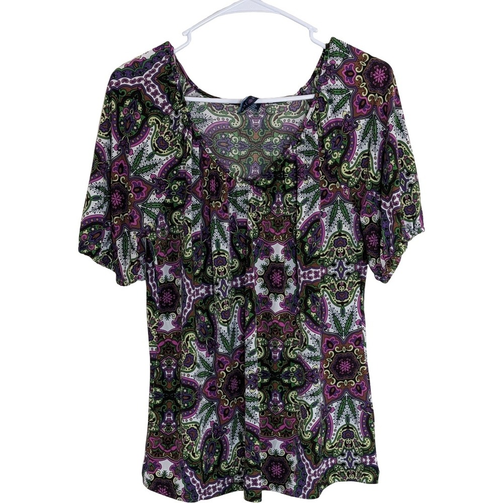 Ashley Judd Paisley Blouse Womens Size M Purple Green Boho‎ Short Sleeve Scoop